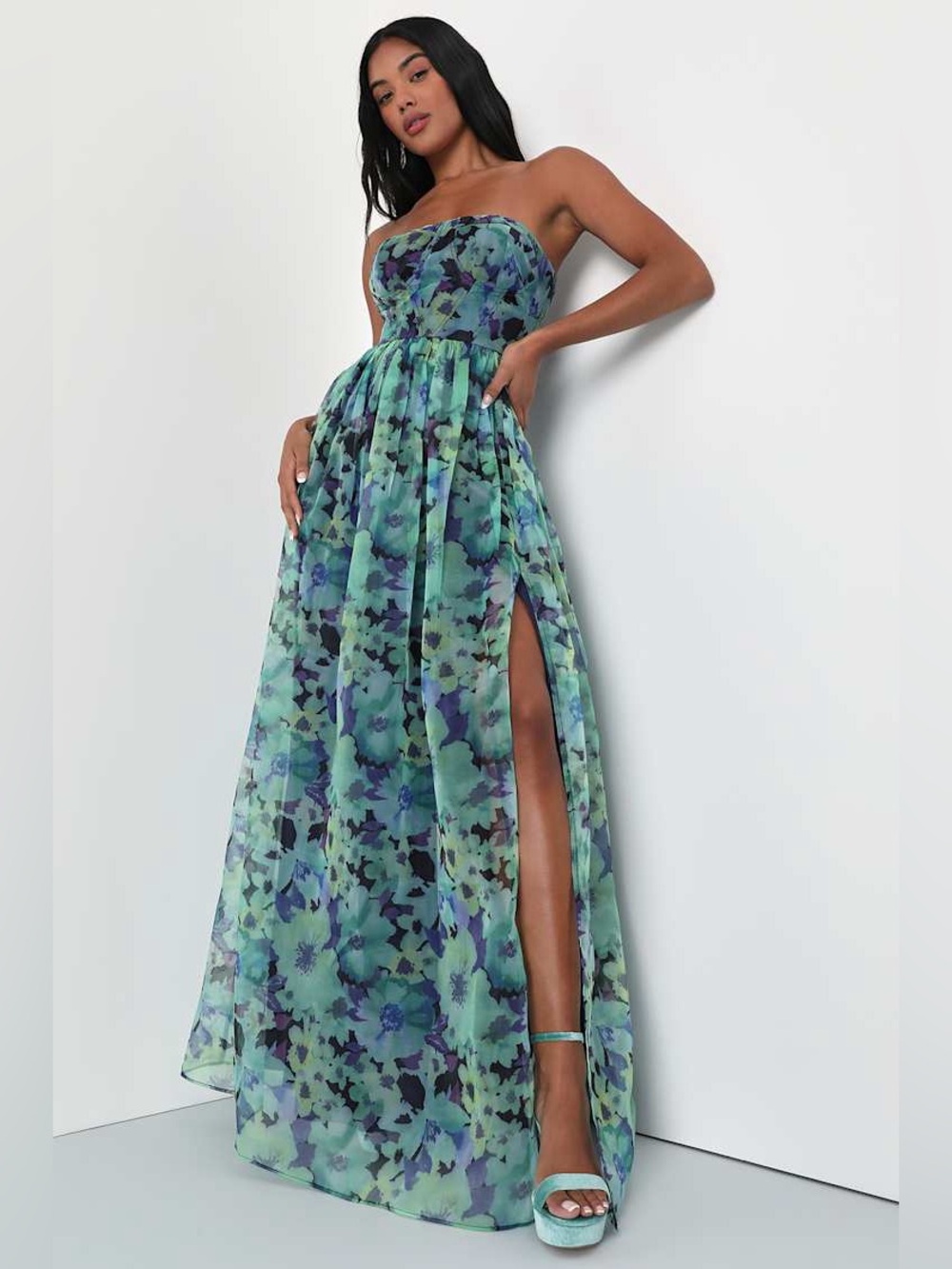 Lulus | Wonderful Waltz Green Floral Print Strapless Bustier Maxi Dress, M